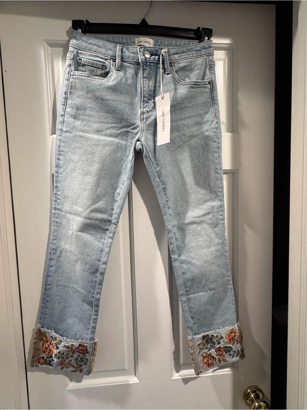 DRIFTWOOD Light Blue Cropped Jeans with Floral Embroidered Cuffs